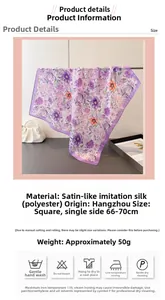 Detailed view of floral satin faux silk scarf with purple flower pattern and size specs