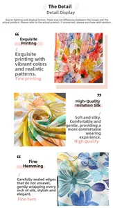 Detail of silk-like floral scarf showing premium fabric texture and neat hemmed edges