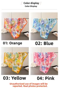 Detail view of floral and butterfly print silk scarves in four elegant color palettes