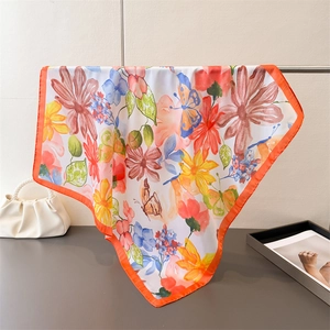 Floral Butterfly Printed Square Scarf Imitation Satin French Romantic Style Versatile Elegant Neck Headscarf For Women