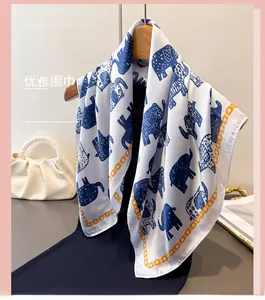 Exotic retro silk scarf featuring dark blue elephant patterns and orange chain borders