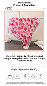 Detail of red elephant print silk scarf with satin texture and care symbols