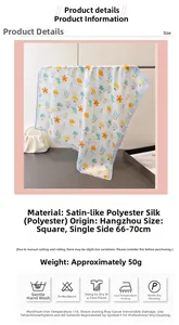 Detail of floral printed satin silk scarf with Every day is with you text and leaf pattern