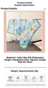 Detail showing elegant blue and yellow floral satin scarf with technical size specifications