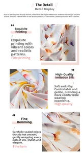 Vue détaillée d'un foulard en soie avec motifs floraux, texture douce et bordure cousue