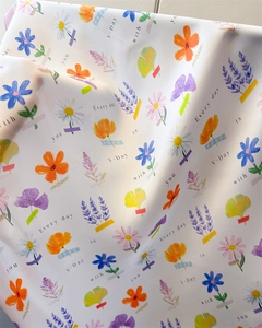 Detail of silk-like scarf with floral prints and Every day is V-Day with you quote