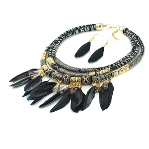 Bohemian multilayer necklace and feather earrings set with tribal woven details