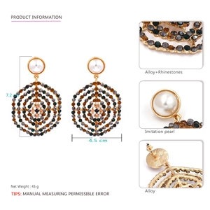 Golden mesh drop earrings with colorful rhinestones and white pearls 7.2cm height