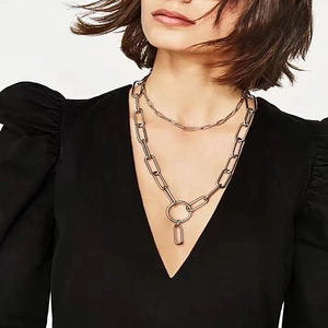 Double Layered Alloy Necklace Paperclip Chain Geometric Circle Pendant Punk Industrial Style Minimalist Women Jewelry