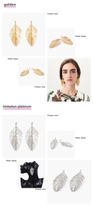 Detailed views of gold and silver feather leaf earrings showing texture and model fit