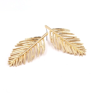 Golden leaf shaped stud earrings featuring detailed vein patterns and metallic finish