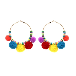Bohemian Colorful Pom-Pom Hoop Earrings Ethnic Plush Ball Polymer Clay Beaded Exotic Holiday Accessories For Women