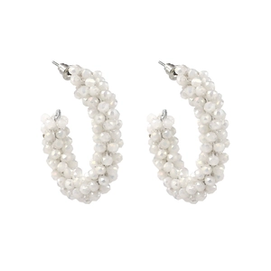 Bohemian C-shaped hoop earrings with multifaceted white crystal beads and silver pins
