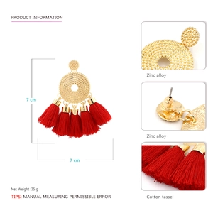 Bohemian large gold hoop earrings with red cotton fringe tassels for elegant styling