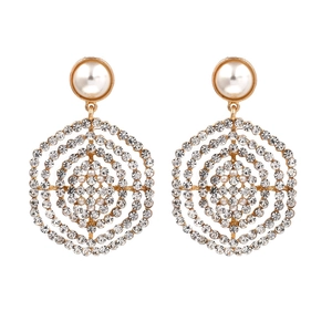 Vintage gold mesh round drop earrings with sparkling rhinestones and pearl stud details