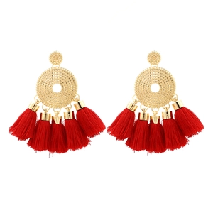 Bohemian Tassel Dangle Earrings For Women Alloy Hollow Round Ethnic Retro Exaggerated Cotton Thread Jewelry Accessory