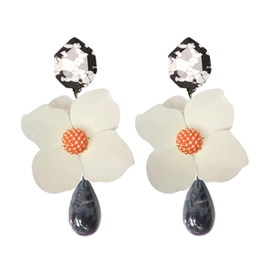 Modern floral drop earrings with marble hexagon studs and white flower accents