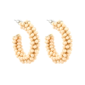 Bohemian style C-shaped beaded hoop earrings handcrafted with glossy beige cream beads