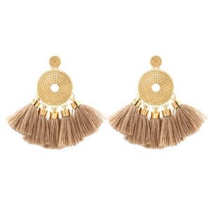 Bohemian exaggerated tassel drop earrings in golden alloy with tan fringe silk threads