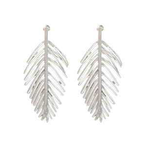 Silver feather leaf earrings with detailed metal texture on a white background
