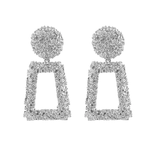 Silver geometric metal drop earrings with relief floral texture and vintage design