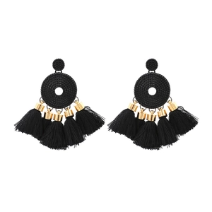Bohemian black tassel drop earrings with golden accents and round beaded tops