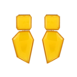 Minimalist geometric yellow resin earrings with gold frame in a vibrant stacked design