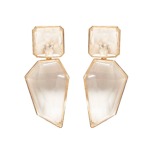 Minimalist geometric clear resin drop earrings with gold metal frame on white background