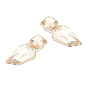 Detail of geometric resin earrings featuring a square crystal and trapezoid pendant