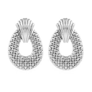 Retro silver geometric earrings with oval textured pendants and fan-shaped studs