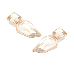 Close-up of geometric transparent resin earrings with elegant gold metal base details