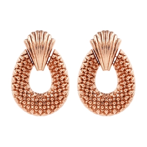 Retro geometric oval earrings in rose gold finish with textured shell and diamond patterns