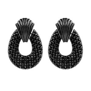 Retro black alloy geometric earrings with shell shape and textured oval hollow rings