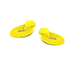 Detail of bright yellow oval hoop earrings with textured grain finish and shell-like stud