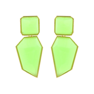 Neon green geometric resin earrings with gold metallic edges in minimalist street style