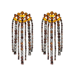 Statement bohemian drop earrings with amber crystals and long rhinestone tassels