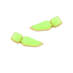 Macro shot of geometric neon green resin earrings with elegant golden metal borders