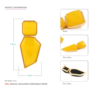 Detail of yellow geometric resin earrings showing zinc alloy plating and 7.5cm dimensions