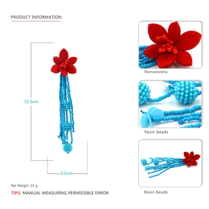 Detail of long floral fringe earrings with red fabric petals and turquoise resin beads