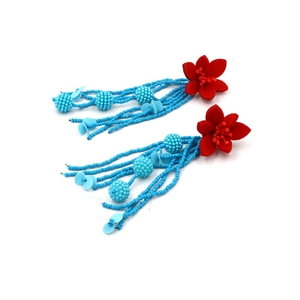 Long red felt flower earrings with layered sky blue bead tassels in bohemian style