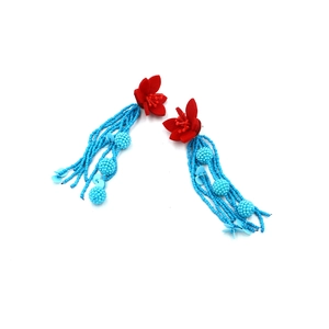 Bohemian long tassel earrings with red fabric flowers and blue beaded fringe accents