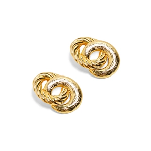 Golden double hoop earrings with twisted texture in a minimalist geometric design