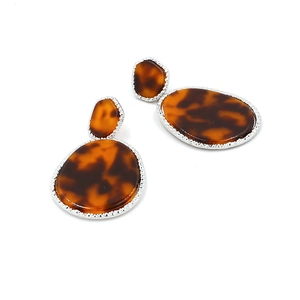 Detailed view of silver-edged tortoise shell resin earrings with intricate milgrain texture