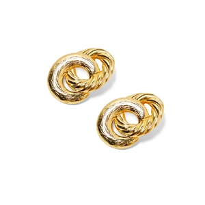 Golden twisted double circle geometric earrings with polished metal texture finish