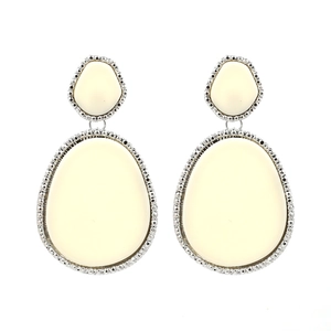 Elegant cream teardrop acrylic earrings with silver beaded edges and double oval layer