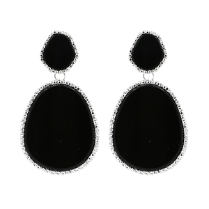 Water drop black resin earrings with silver beaded edges and geometric stud design