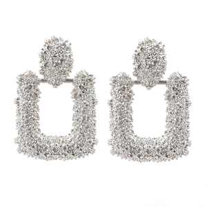 Silver geometric earrings with heavy metal texture and textured hollow rectangle drop