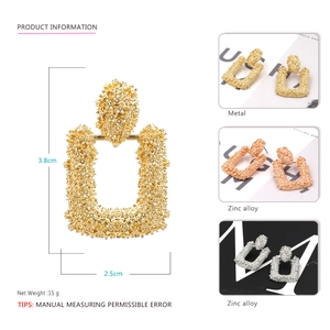 Heavy metal geometric relief earrings in zinc alloy, showing size 3.8x2.5cm and colors