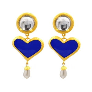 Detail of blue heart enamel earrings with gold hammered texture and drop pearl accents