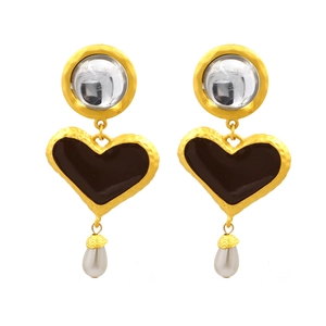 Vintage heart earrings with black enamel and pearl droplets in gold finish